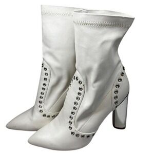 WILD DIVA Pointed Toe Studded Sock Boots Block 4" Heel White Womens 8.5 Festival